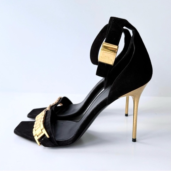 Balmain Uma Chain High Heel Sandals in Black Suede w/ Gold 38.5 - Picture 3 of 16